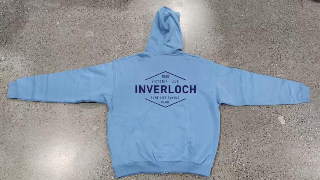 Inverloch Surf Club Adult Unisex Zip Hoodie – Pale Blue with Navy Logo (Lined Hood) PRE-ORDER ONLINE!