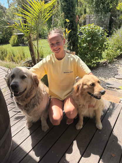 Inverloch Surf Club Kids & Teens Unisex T-Shirt – Soft Lemon Yellow with Navy Logo PRE-ORDER NOW!